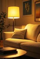Cozy living room with boucle fabric and warm lighting photo