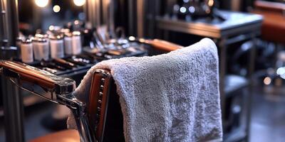 A barber chair with a towel on it photo