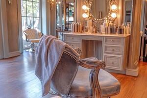 Microfiber towel draped on salon chair in elegant beauty space photo