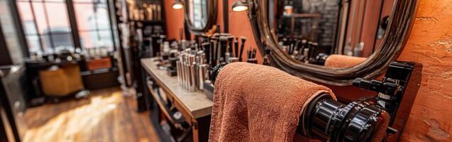 Microfiber towel hanging in stylish grooming salon setup photo