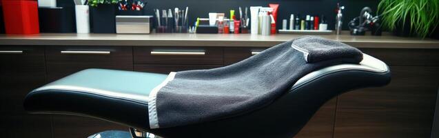 Microfiber towel on a black salon chair in a neat room photo