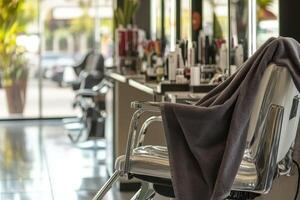 Microfiber towel draped over salon chair in modern hair studio photo