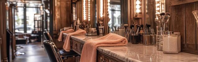 Microfiber towel on salon counter during busy hair styling session photo