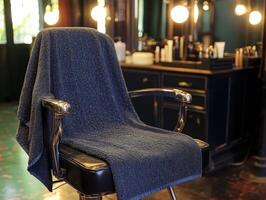 Microfiber towel resting on barbershop chair in a stylish salon photo