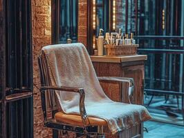 Microfiber towel draped on a salon chair for grooming activities photo