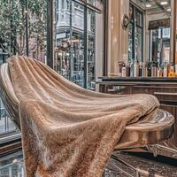 Soft microfiber towel draped over salon chair in modern spa photo