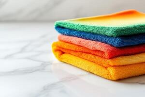 Soft microfiber towels stacked on a countertop in bright colors photo