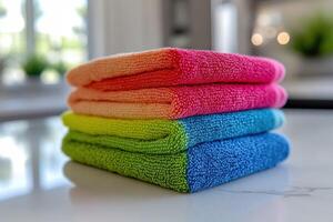 Soft microfiber towels stacked neatly in vibrant colors photo