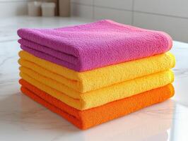 Vibrant microfiber towels stacked on a clean countertop photo