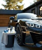 Microfiber towel near a shiny black car in a driveway setting photo