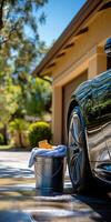 Microfiber towel resting on a bucket during car cleaning session photo