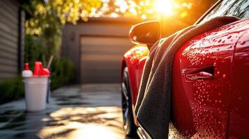 Microfiber towel draped on a freshly washed car at sunset photo