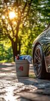 Microfiber towel placed on a bucket near a shiny car in nature photo
