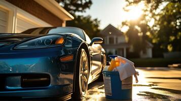 Microfiber towel next to shiny blue car in bright sunlight photo