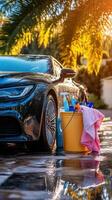 Microfiber towel beside car during a sunny day of washing photo