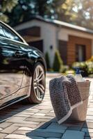 Microfiber towel draped over bucket during car cleaning process photo