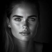 Captivating close-up of a young woman with striking features photo