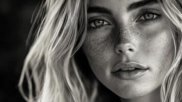 Close-up portrait of a young woman with striking eyes and freckles photo