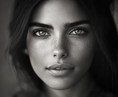 Captivating close-up of a youthful woman with striking features photo