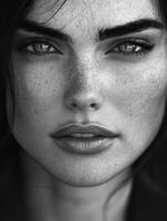 Close-up portrait of a woman with striking features and freckles photo