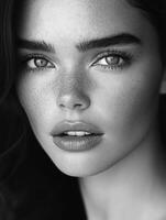 Portrait of a woman with striking features in black and white photo