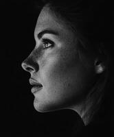 Portrait of a woman with freckles against a dark background photo
