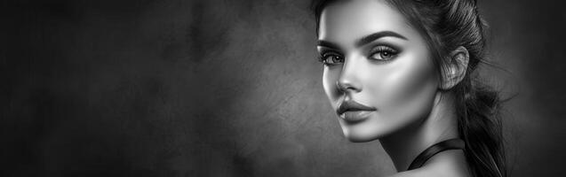 Black and white photo of a woman with a black background
