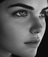 Captivating close-up of a young woman's striking features photo