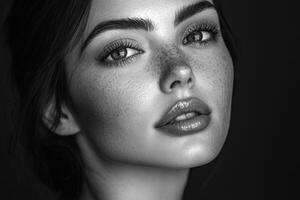 A beautiful woman with freckles on her face photo