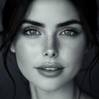 Stunning black and white portrait of a woman with captivating features photo