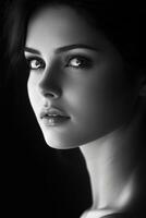 Striking black and white portrait of a contemplative woman photo
