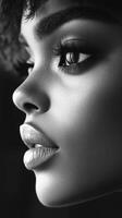 Striking profile of a woman with expressive features in monochrome photo