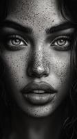 Portrait of a woman with striking freckles and expressive eyes photo