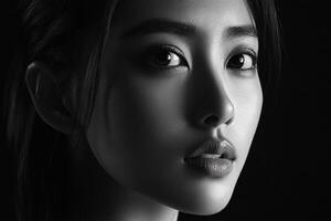 Portrait of a young woman with striking features in dramatic lighting photo