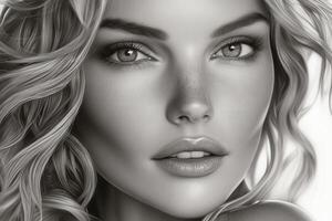 Stunning black and white portrait of a woman with curly hair photo