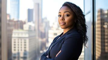 A beautiful black woman in a business suit stands in front of a window photo