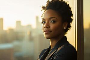 A woman in a business suit looking out a window photo