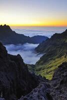 A view of the mountains and clouds at sunset photo