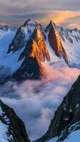 Jagged mountain peaks bathed in golden sunset light photo