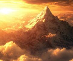 Jagged mountain peaks illuminated by sunrise glow photo