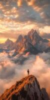 Jagged mountain landscape at sunset above the clouds photo