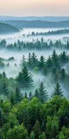 A misty forest with trees and fog photo