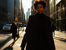 A woman in a black coat walking down a city street photo