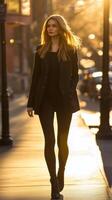 A woman walking down a city street in black clothes photo