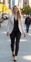 A woman in a white blazer and black pants walking down the street photo