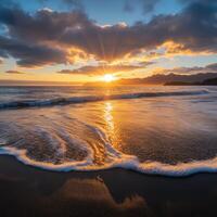 Golden sunlight casts warm glow over serene beach at sunset photo