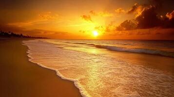 A beautiful sunset on the beach with waves photo