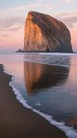 Golden sunlight reflects on coastal rock formation photo