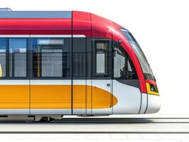 Modern light rail train showcases vibrant design in urban environment photo