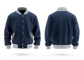 Stylish navy blue varsity jacket with striped collar and cuffs photo